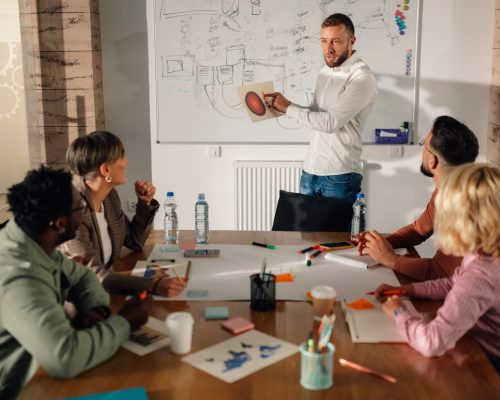 Marketing team brainstorming during business meeting in the office